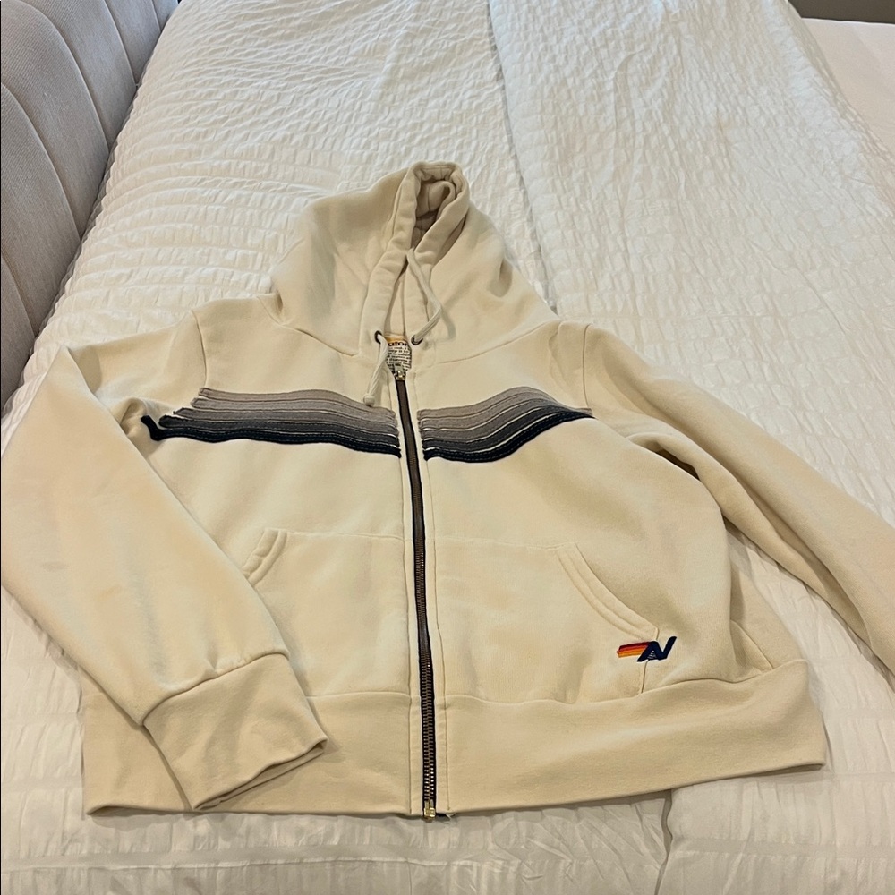 Aviator Nation Cream Hoodie with Black and Gray Stripes very good condition